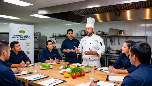 Chef liderando una discusión sobre seguridad alimentaria con nuevos empleados en una mesa de capacitación, rodeado de guías visuales y herramientas.
