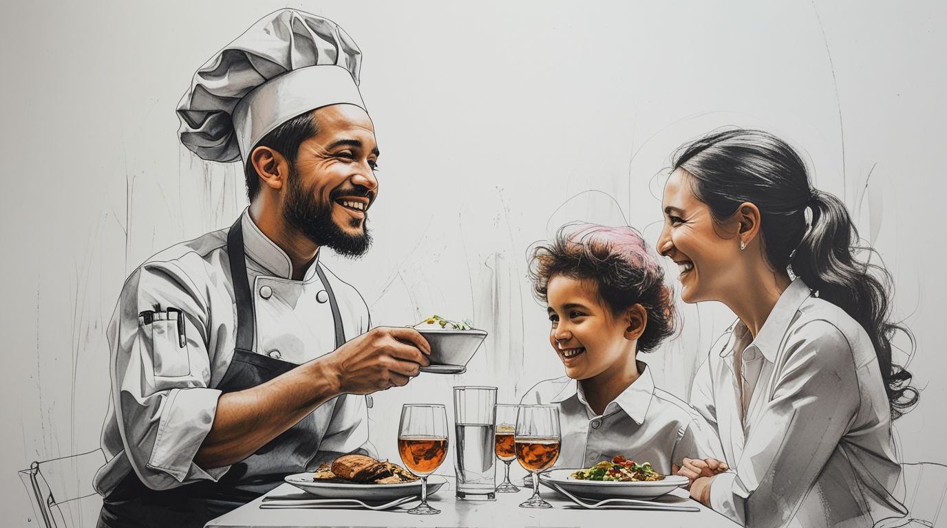 Equipo de restauración y FOH en restaurante elegante atendiendo a los huéspedes