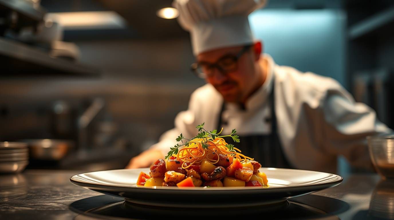 chef certificado CAIBOK emplatando un plato gourmet en cocina profesional