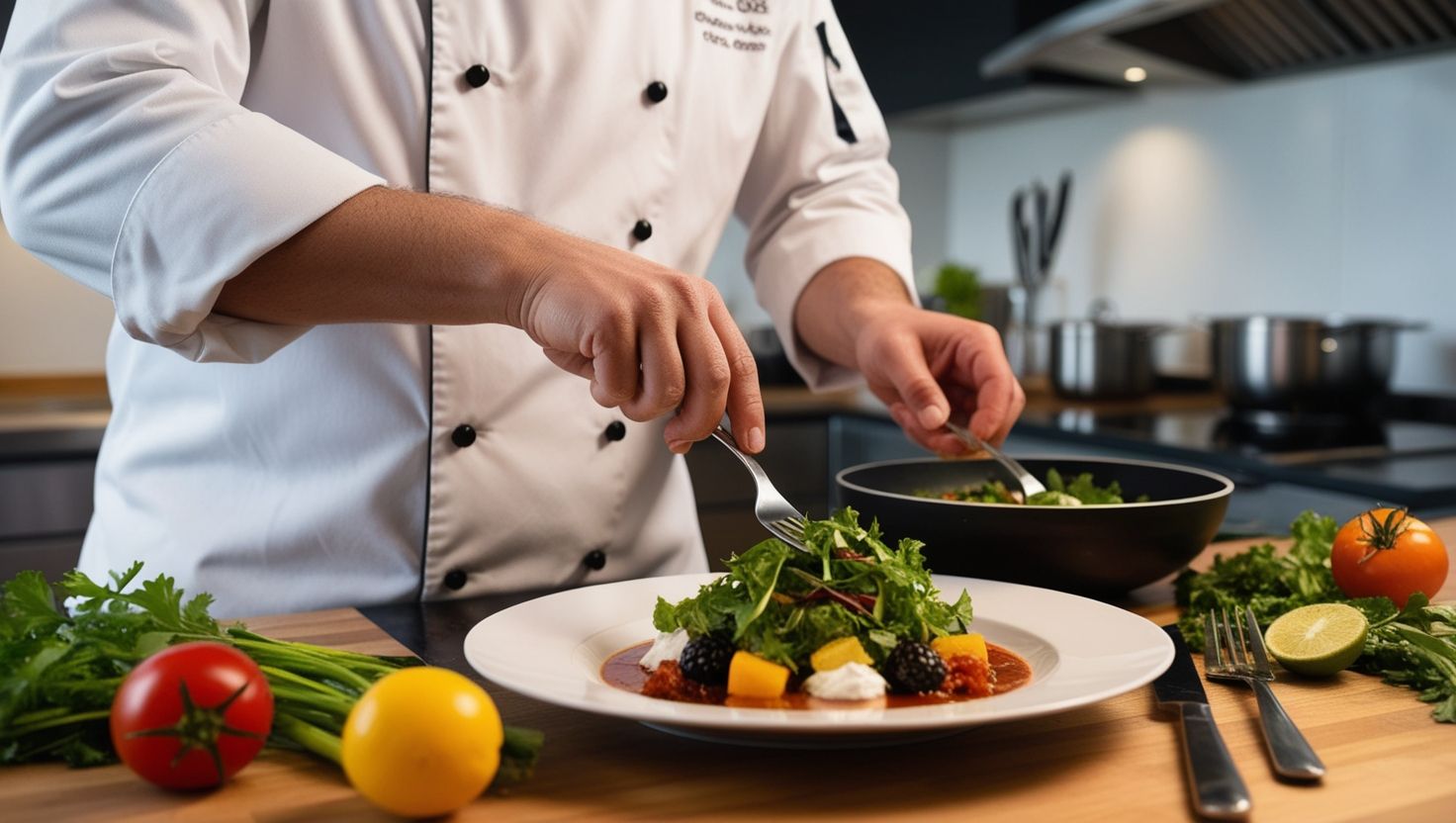 Chef preparando un platillo keto bajo en carbohidratos con ingredientes frescos en la cocina.