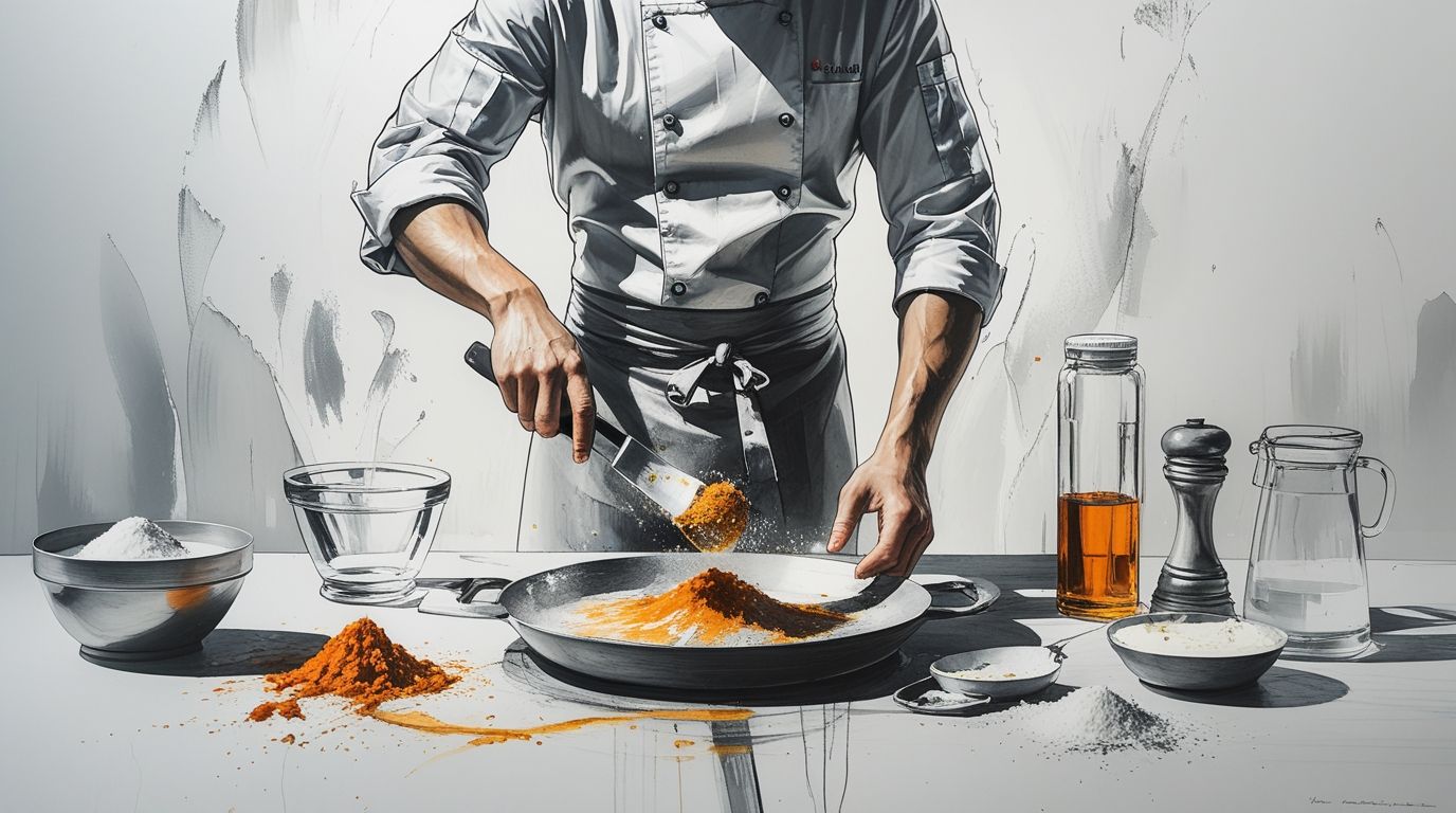 Chef midiendo ingredientes con báscula digital y cucharas medidoras para dominar matemáticas y medidas culinarias en cocina profesional.
