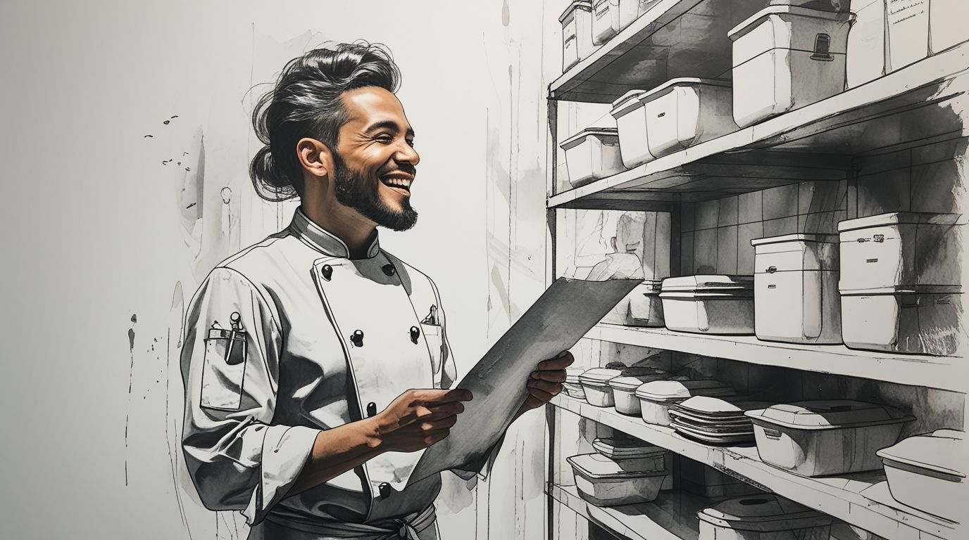 Chef en cocina profesional revisando inventario y stock de ingredientes para sistema de cocina