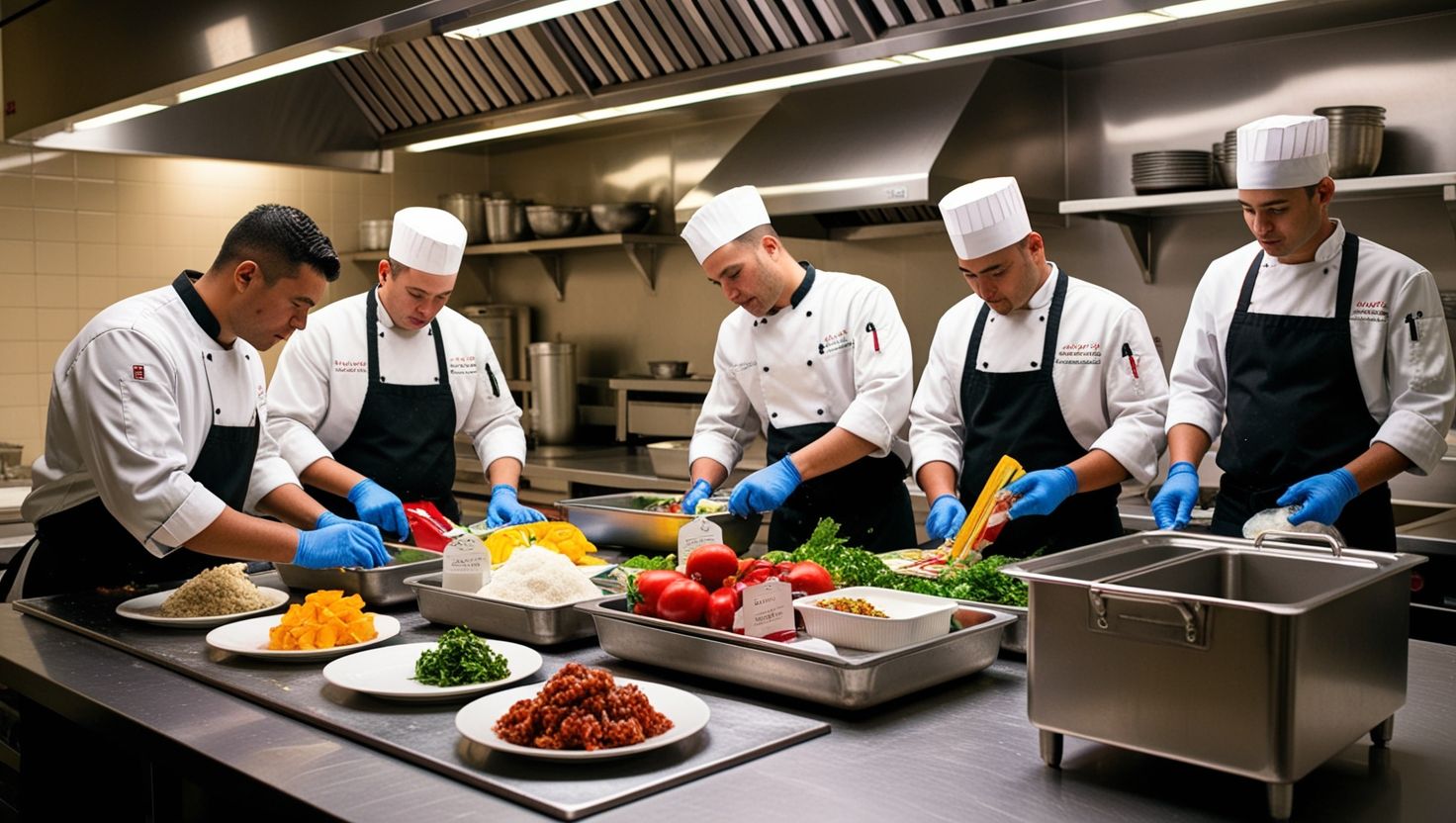 Cocina profesional con chefs manipulando alimentos frescos siguiendo normativas de seguridad alimentaria.