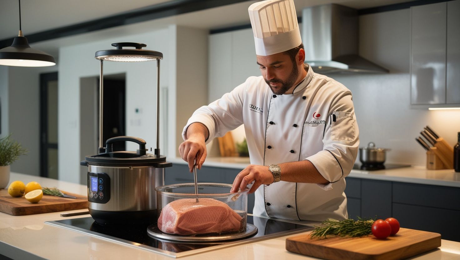 Chef profesional ajustando circulador de inmersión para cocción al vacío de filete de res en cocina moderna.