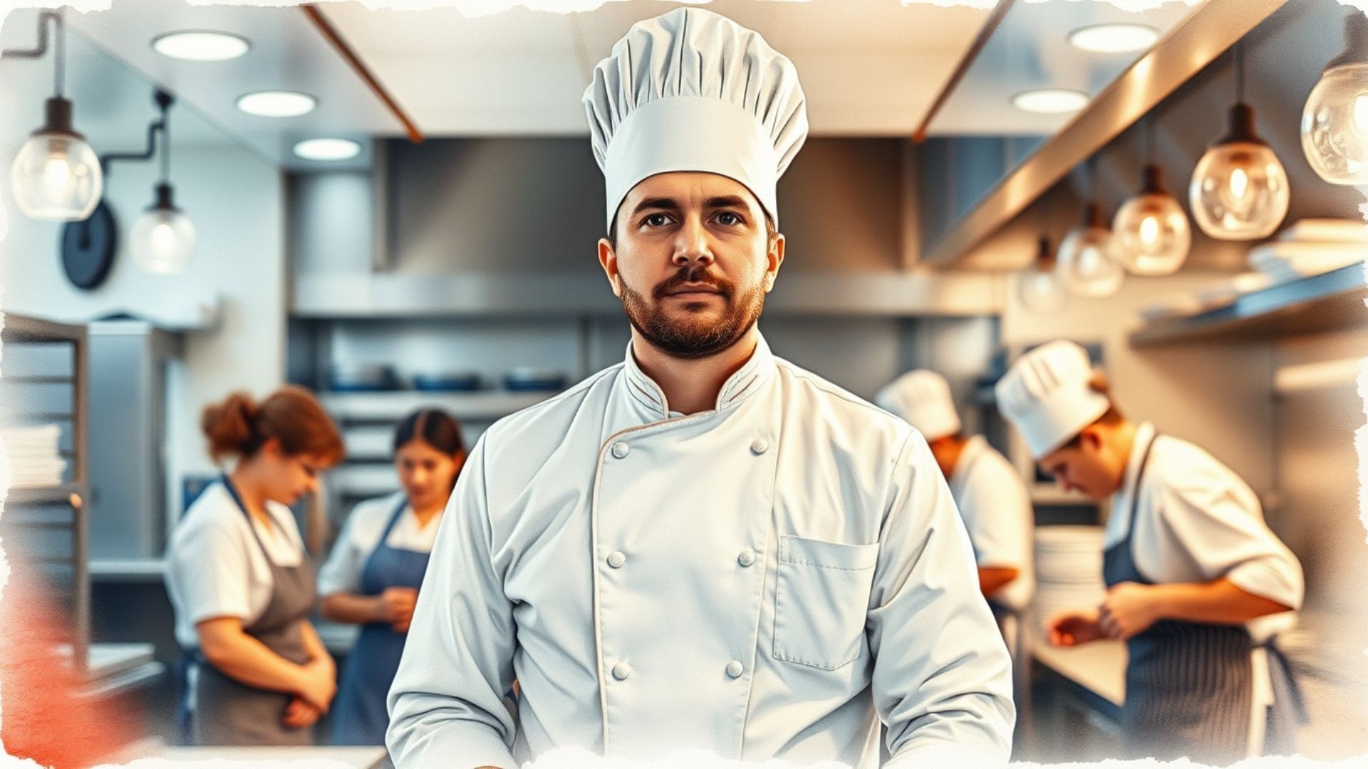 Chef ejecutivo liderando su equipo de cocina en una cocina profesional.