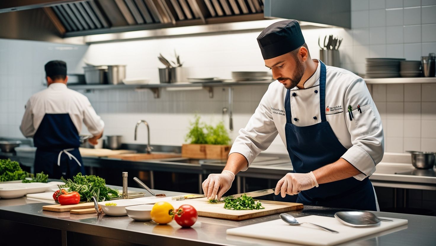 Chef revisando estación de trabajo con superficies antimicrobianas para seguridad alimentaria en cocina profesional.