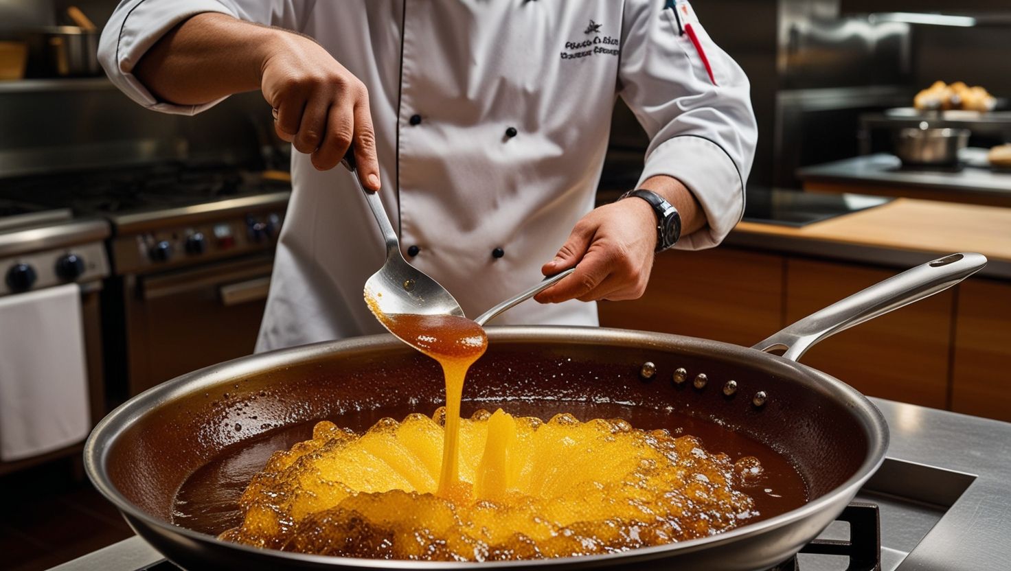 Chef controlando el proceso de caramelización del azúcar en una sartén en una cocina gourmet.