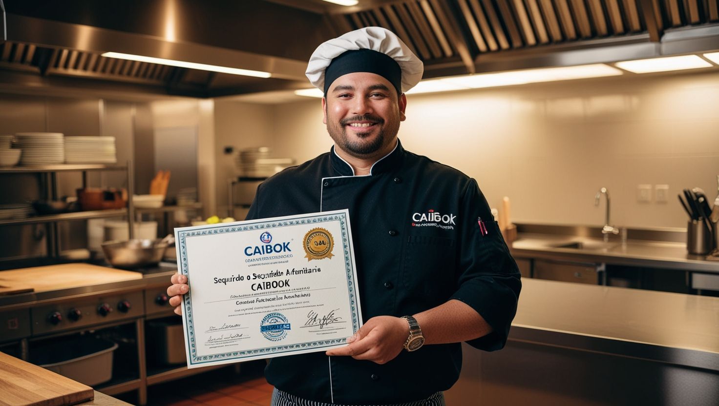 Chef sosteniendo certificado de seguridad alimentaria CAIBOK en una cocina profesional.