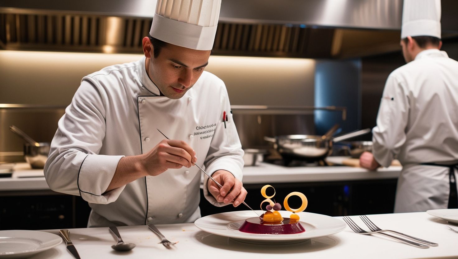 Chef utilizando técnicas de cocina molecular con esferificación en una cocina moderna.