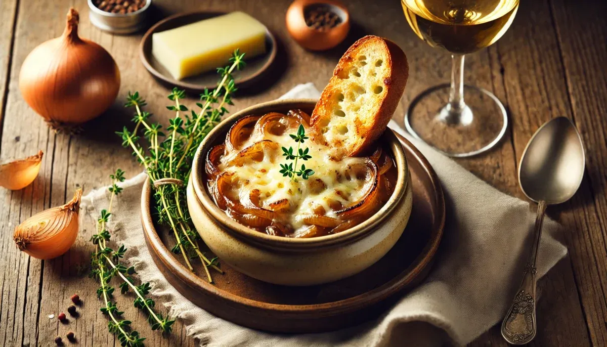 Sopa de cebolla francesa servida en un tazón, con cebollas caramelizadas, una baguette tostada y queso Gruyère gratinado, acompañada de tomillo y vino blanco.