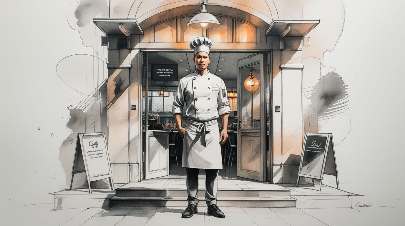 Chef profesional proyectando una marca personal sólida en una cocina moderna