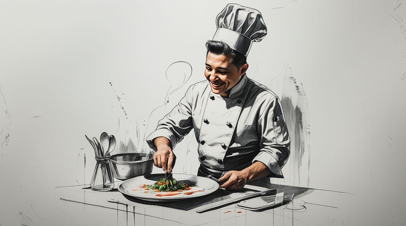 Chef entremetier sonriente preparando vegetales y guarniciones en una cocina profesional moderna