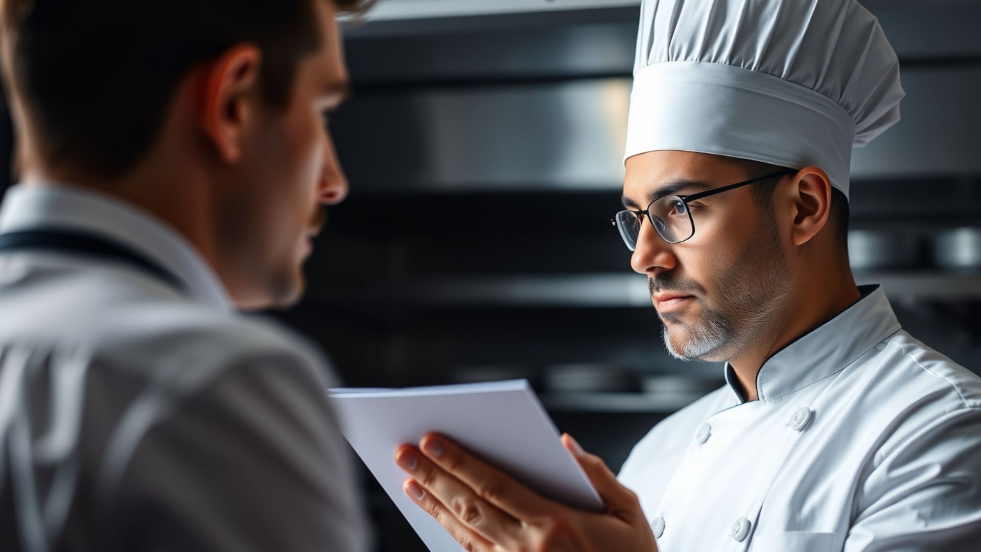 Chef entrevistando talento en una cocina profesional