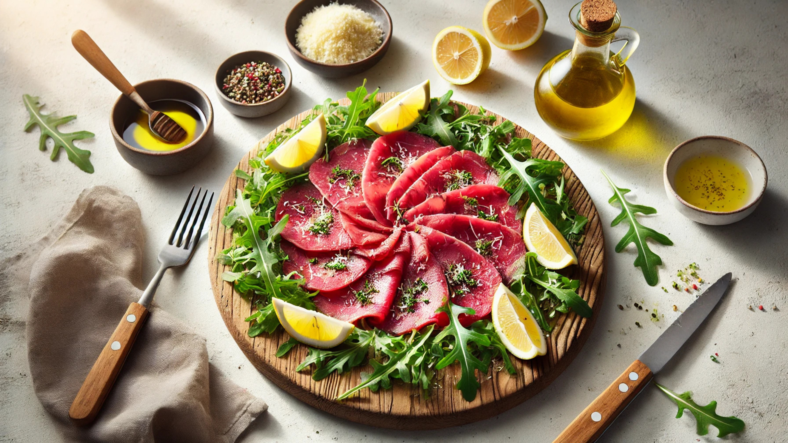 Ingredientes frescos para preparar Carpaccio de res con rúcula y parmesano.