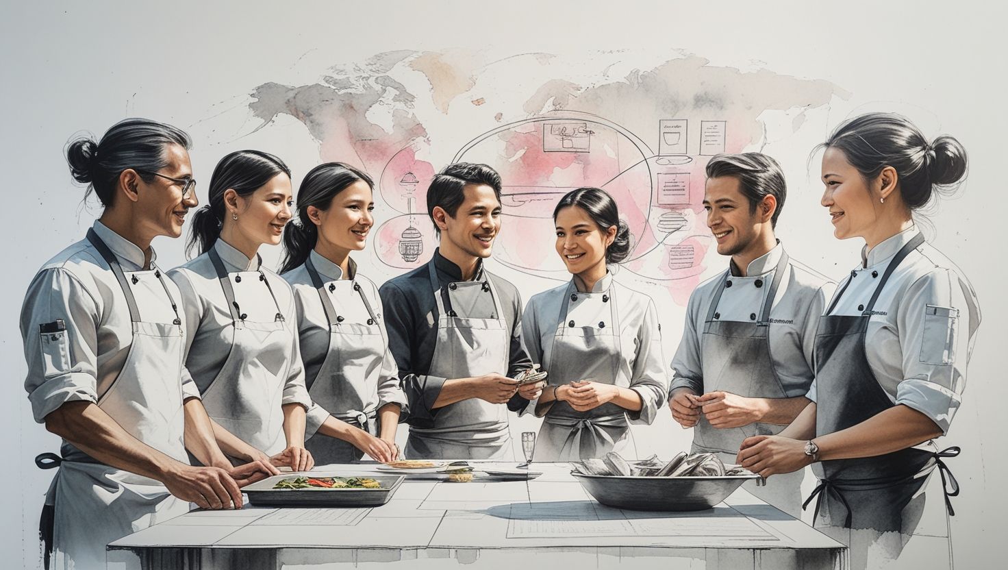 chef liderando con seguridad a su equipo en una cocina profesional moderna