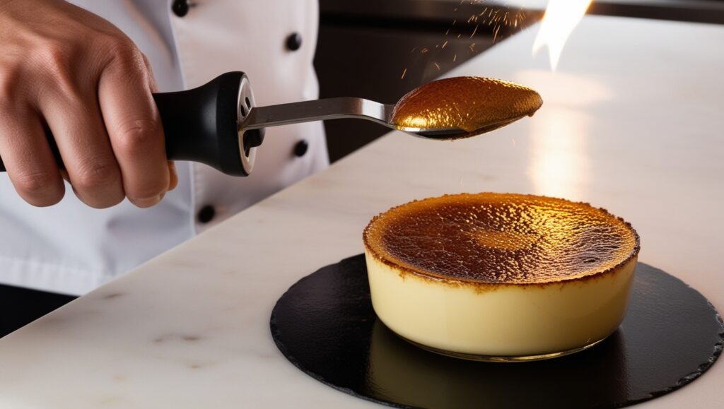 Chef utilizando un soplete para caramelizar la superficie de un Crème Brûlée en una cocina gourmet.