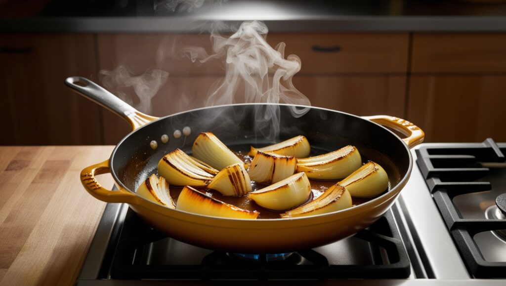 Cebollas caramelizándose lentamente en una sartén, alcanzando un tono dorado profundo.