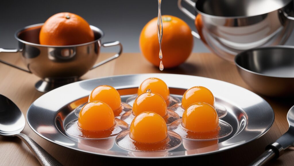 Primer plano de esferas de jugo de naranja colocadas con pinzas en un plato elegante, destacando la técnica de cocina molecular.