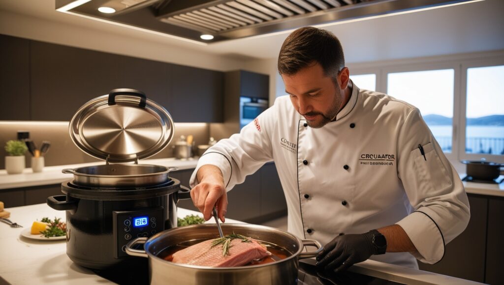 Chef revisando costillas de res en cocción al vacío sumergidas en un baño de agua a baja temperatura.