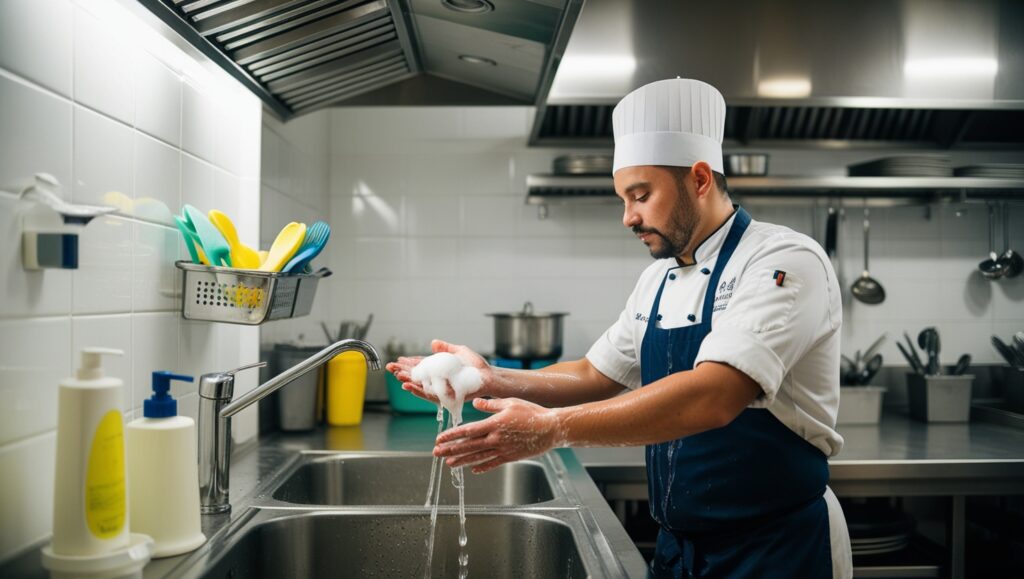 Chef lavándose las manos con agua y jabón en una cocina profesional, siguiendo prácticas de higiene personal para asegurar la seguridad alimentaria.