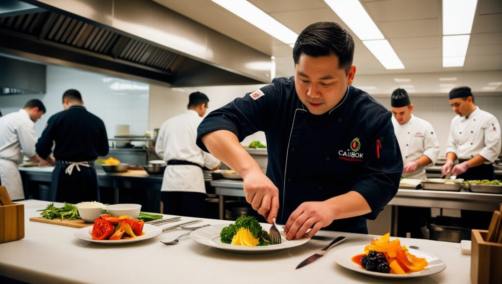 Chef preparando un plato con insignia CAIBOK en cocina profesional.