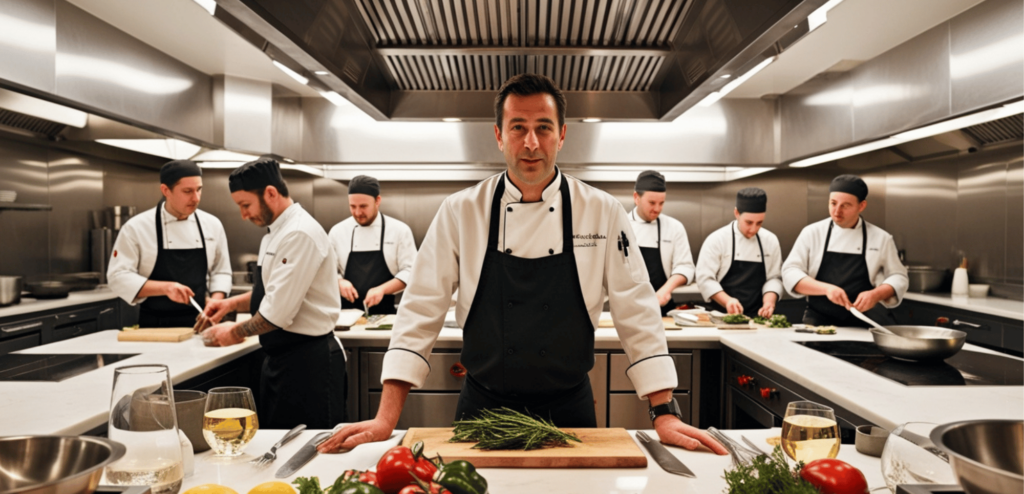 Esta imagen muestra a un chef en una cocina profesional manipulando cuidadosamente verduras frescas con guantes, asegurándose de seguir las normas de seguridad alimentaria para prevenir la contaminación cruzada. La implementación de procedimientos de higiene es vital para mantener la seguridad alimentaria y proteger la salud de los comensales.