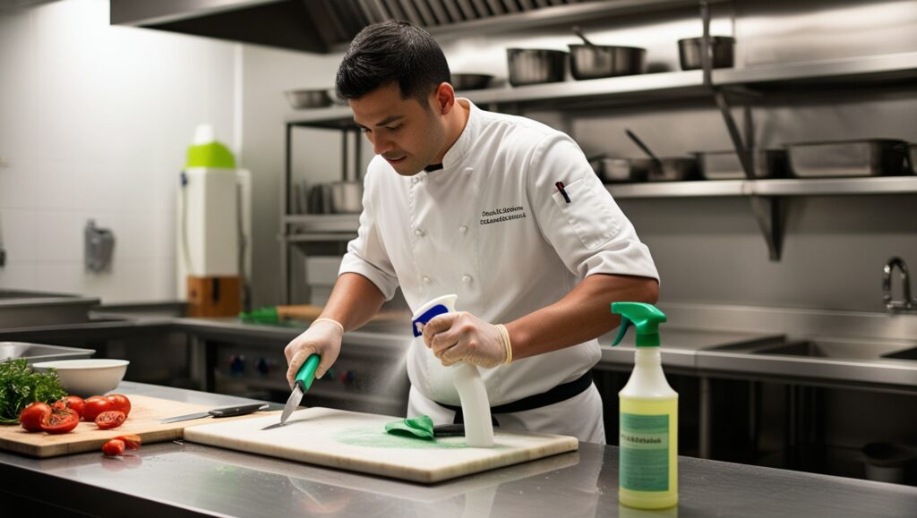 Chef desinfectando una tabla de cortar y un cuchillo en una cocina profesional, siguiendo las mejores prácticas para evitar la contaminación cruzada y mantener la seguridad alimentaria.