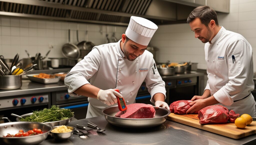 Chef verificando la temperatura de alimentos para cumplir con las normativas de seguridad alimentaria.