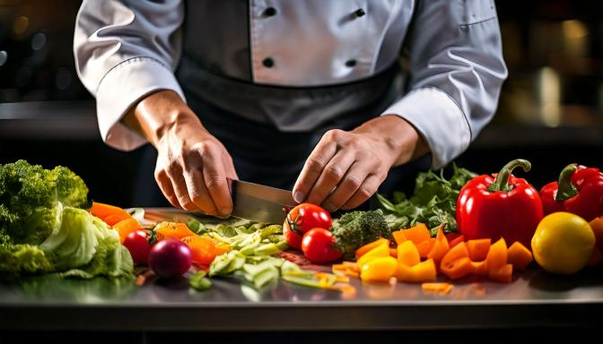 Chef profesional cortando verduras frescas para la salsa Bolognese en una cocina moderna.