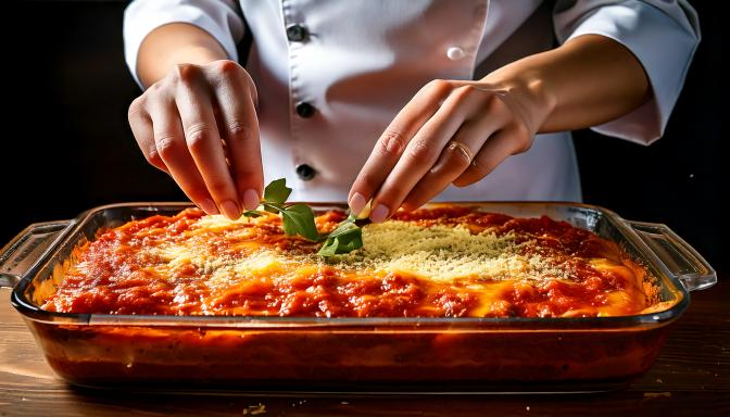 Chef profesional montando una Lasagna Bolognese en una fuente para horno.