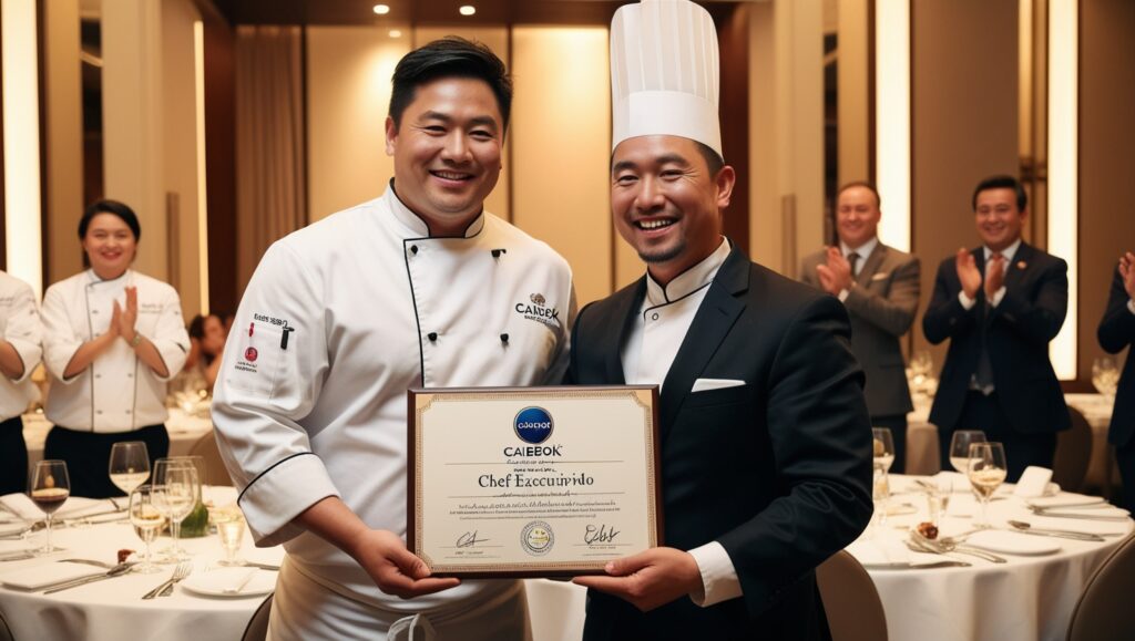 Chef recibiendo su certificación CAIBOK durante una ceremonia, simbolizando el éxito de la capacitación continua.