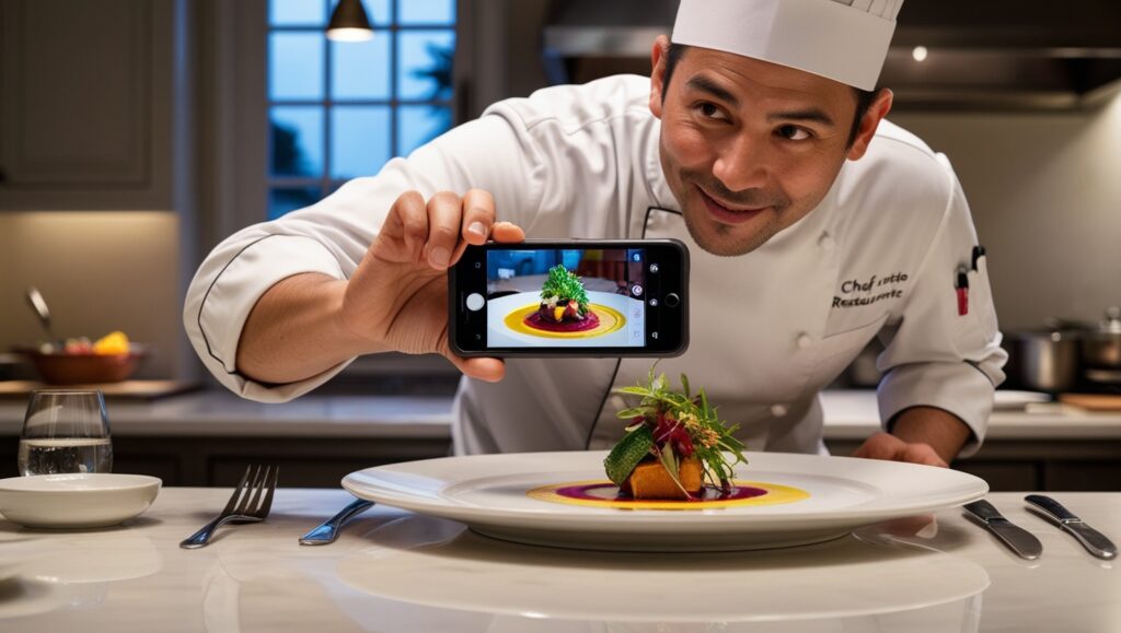 Chef capturando una imagen de un plato con smartphone para marketing visual.