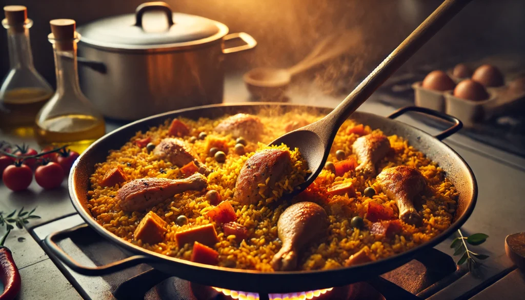 Primer plano del proceso de preparación de una paella tradicional, mostrando arroz con azafrán siendo removido con una cuchara de madera en una paellera, rodeado de pollo, conejo, judías verdes y garrofó.