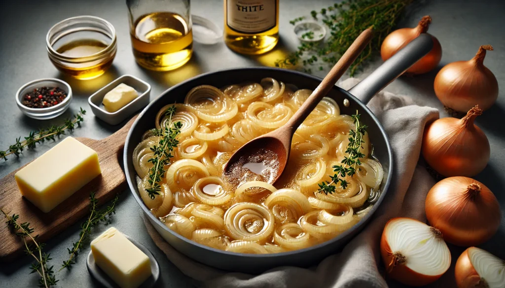 Primer plano de cebollas caramelizándose en una sartén, con una cuchara de madera removiéndolas, rodeadas de ingredientes como mantequilla, vino blanco y tomillo.