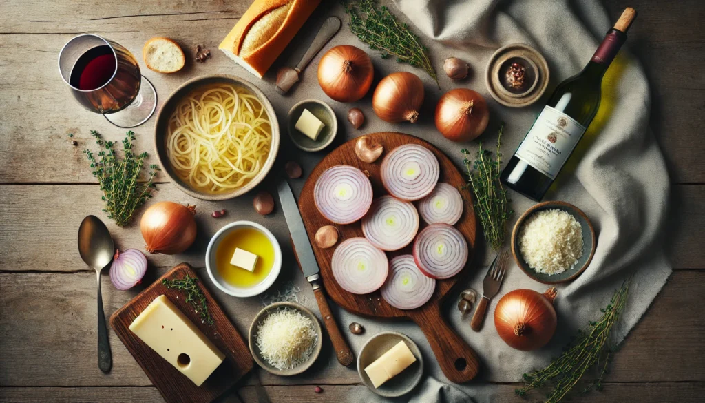 Vista superior de una mesa de madera con ingredientes para sopa de cebolla francesa: cebollas laminadas, mantequilla, baguette, queso Gruyère rallado, tomillo fresco, vino blanco y un caldo."