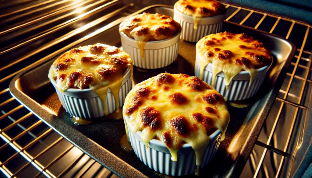 Tazones individuales de sopa de cebolla francesa en el horno, con queso Gruyère gratinado burbujeando y dorado en la parte superior.