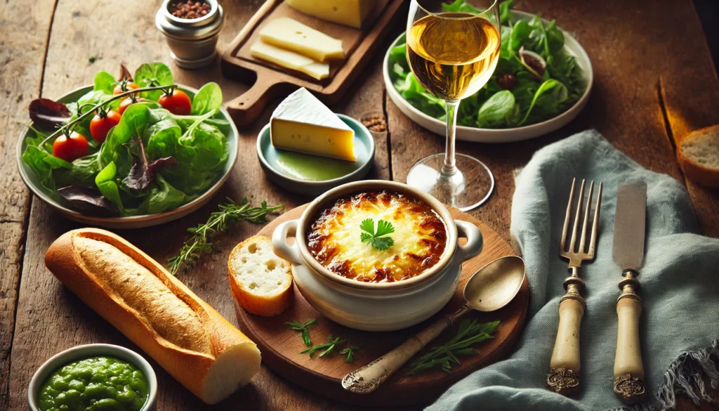 Mesa rústica con sopa de cebolla francesa acompañada de ensalada verde, una copa de vino blanco y una tabla de quesos, con una baguette como complemento.