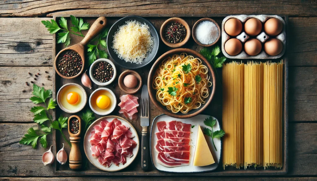 Vista superior de una mesa con ingredientes para pasta carbonara: spaghetti, guanciale en cubos, queso Pecorino rallado, huevos, perejil fresco y pimienta negra recién molida.