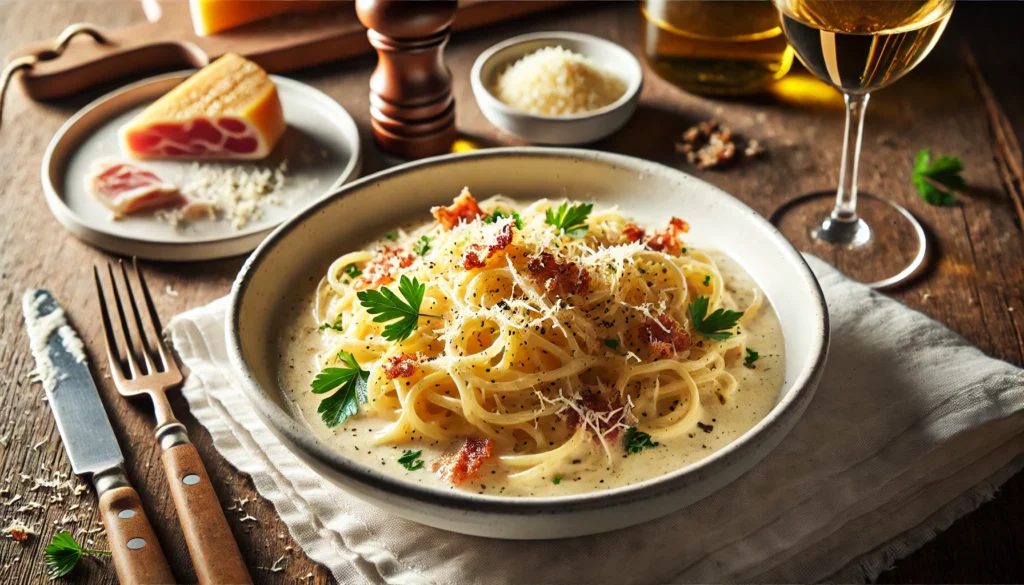 Plato de pasta carbonara servida en un bol blanco, cubierta con guanciale crujiente, queso Pecorino rallado, pimienta negra recién molida y decorada con hojas de perejil."