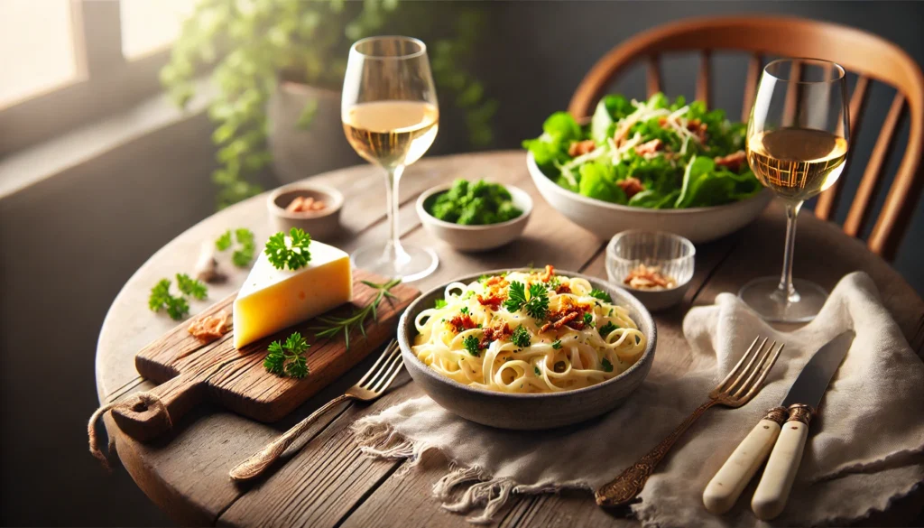 "Mesa rústica con un bol de pasta carbonara, acompañada de ensalada verde, una copa de vino blanco y una tabla de quesos con Pecorino Romano y un cuchillo pequeño."