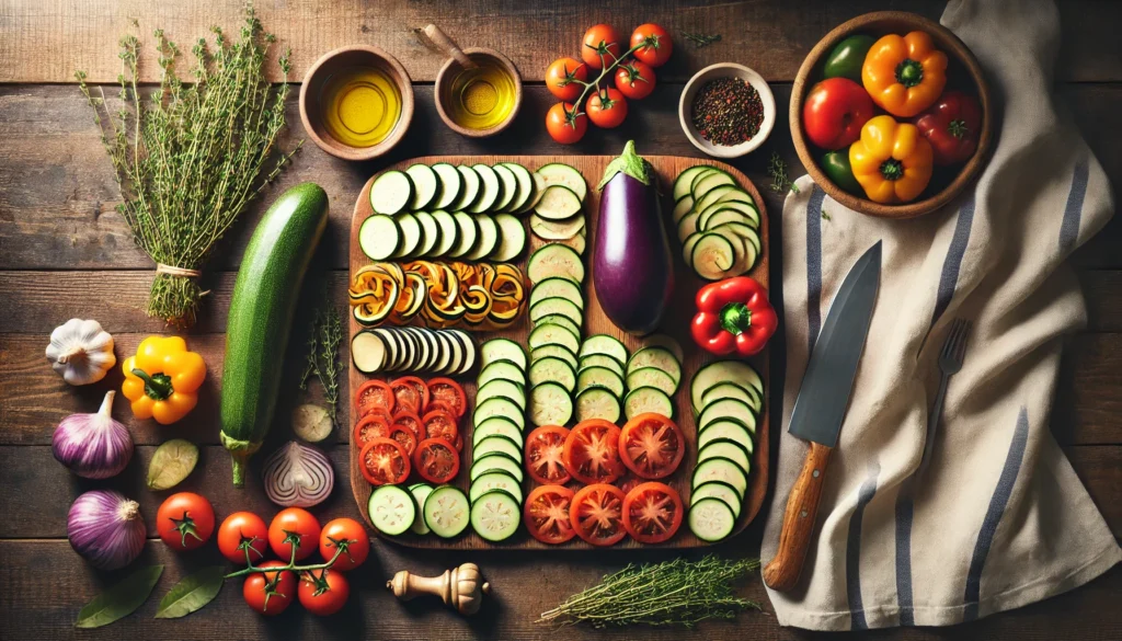 Vista superior de una mesa rústica con ingredientes frescos para ratatouille, incluyendo berenjenas, calabacines, tomates y pimientos cortados en rodajas, acompañados de aceite de oliva y tomillo fresco.