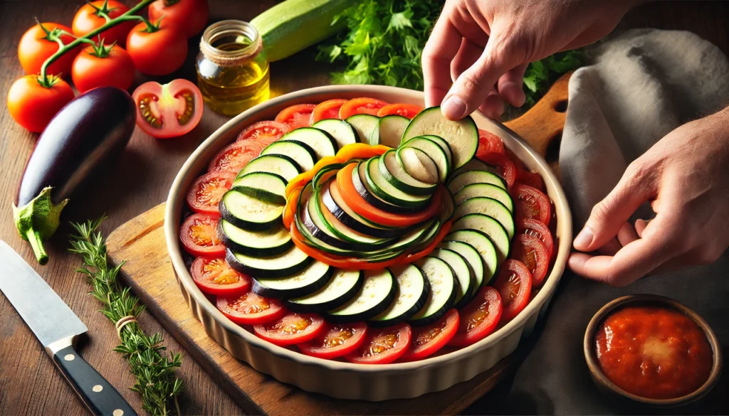 Primer plano de una fuente de cerámica en proceso de montaje para ratatouille, con rodajas de berenjena, calabacín, tomate y pimiento colocadas en un patrón circular sobre una base de tomate.