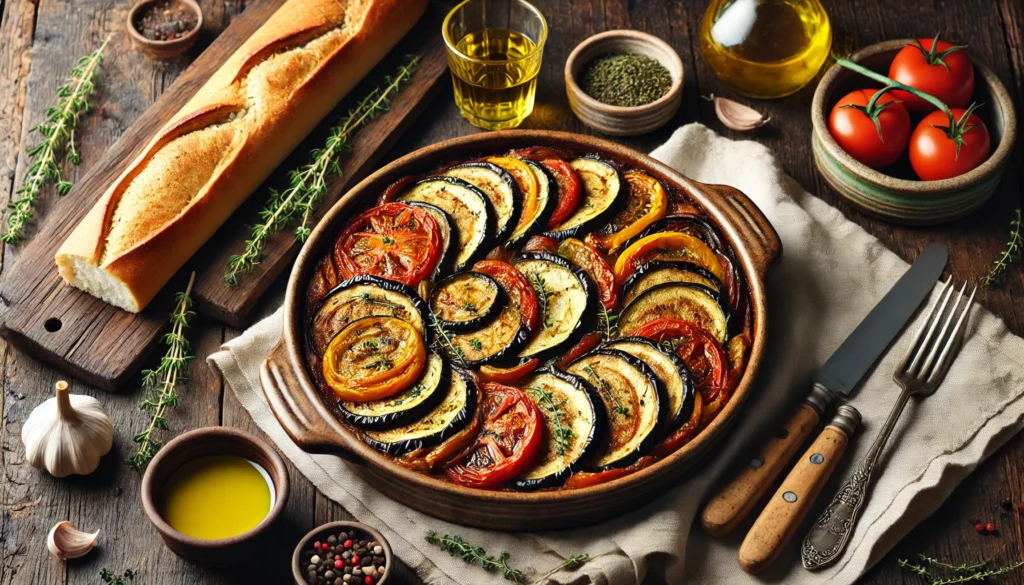 Plato de ratatouille recién horneado en una fuente de cerámica rústica, rodeado de una baguette, un bol de aceite de oliva y una copa de vino tinto en una mesa de madera.