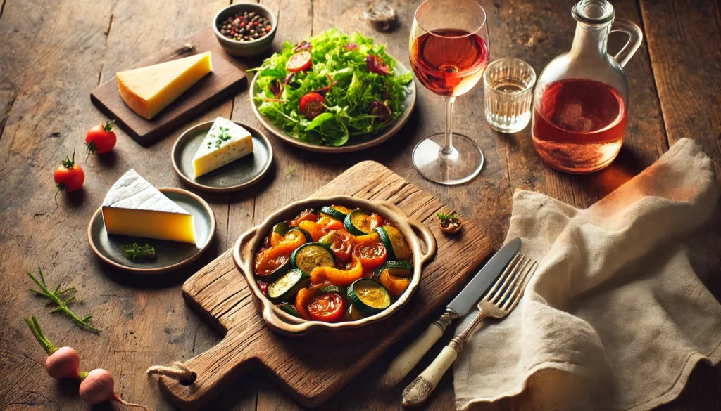 Mesa rústica con ratatouille servido en una fuente de cerámica pequeña, acompañado de una ensalada verde, un plato de quesos y una copa de vino rosado.