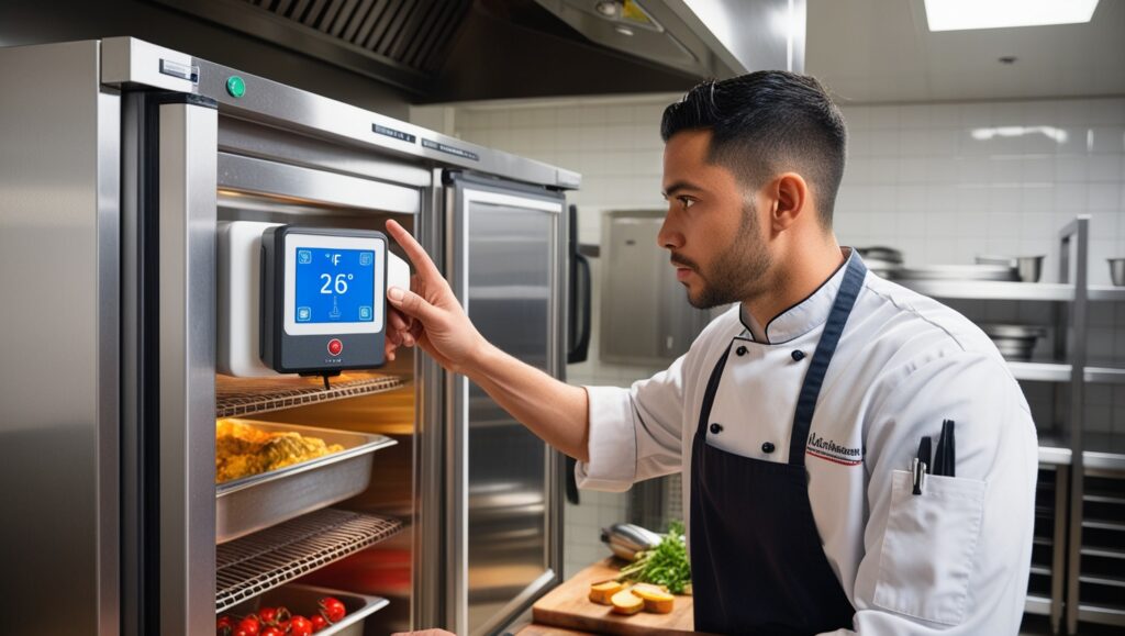 Chef ajustando sensores de temperatura en refrigerador industrial para mejorar la seguridad alimentaria en restaurante.