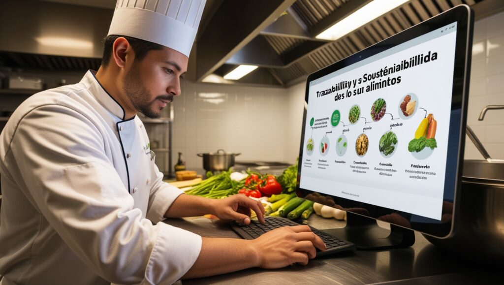 Chef revisando la trazabilidad de ingredientes en pantalla digital para asegurar la seguridad alimentaria.