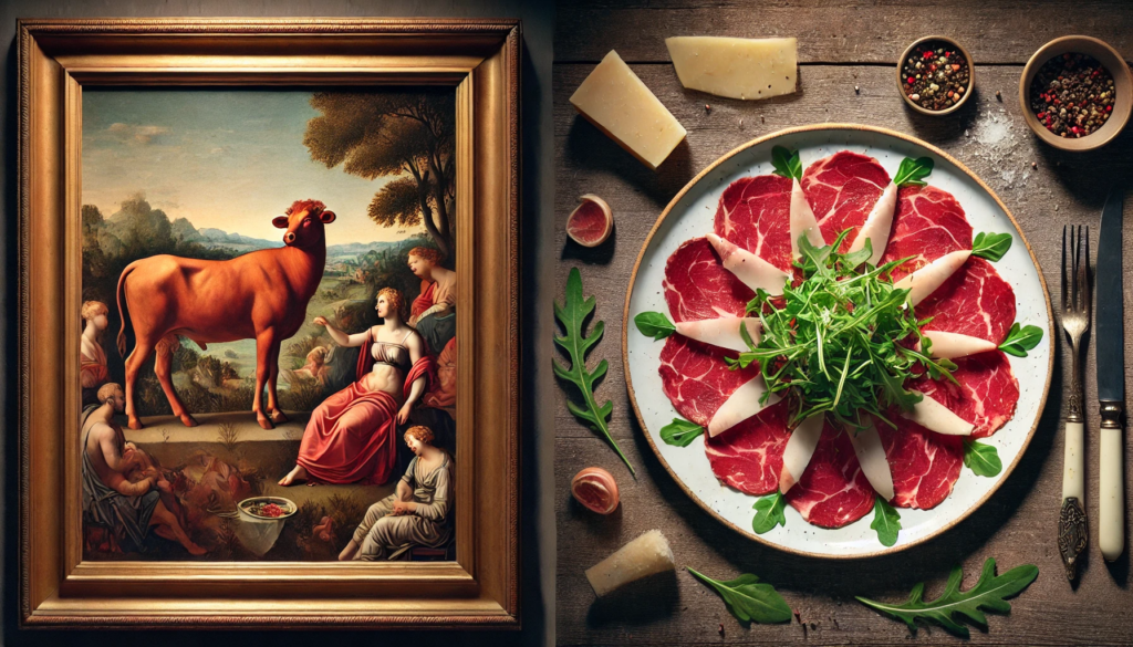 Una pintura clásica inspirada en Vittore Carpaccio junto a un plato de Carpaccio de res gourmet.