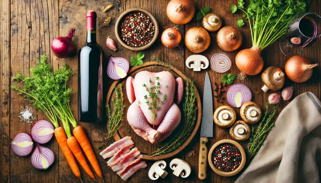 Vista superior de una mesa de madera con ingredientes frescos para Coq au Vin: pollo crudo, vino tinto, cebollitas, zanahorias, champiñones, tocino y tomillo fresco.