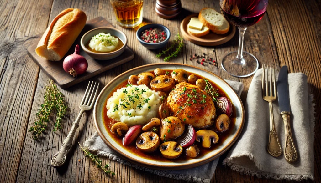 Mesa rústica con un plato de Coq au Vin servido con puré de papas cremoso, una baguette y una copa de vino tinto, decorado con tomillo fresco.