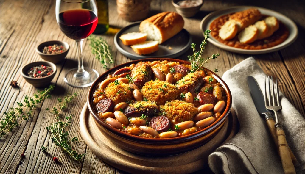 Cassoulet servido en un cuenco rústico con costra dorada, carnes tiernas y frijoles cremosos, decorado con tomillo fresco.